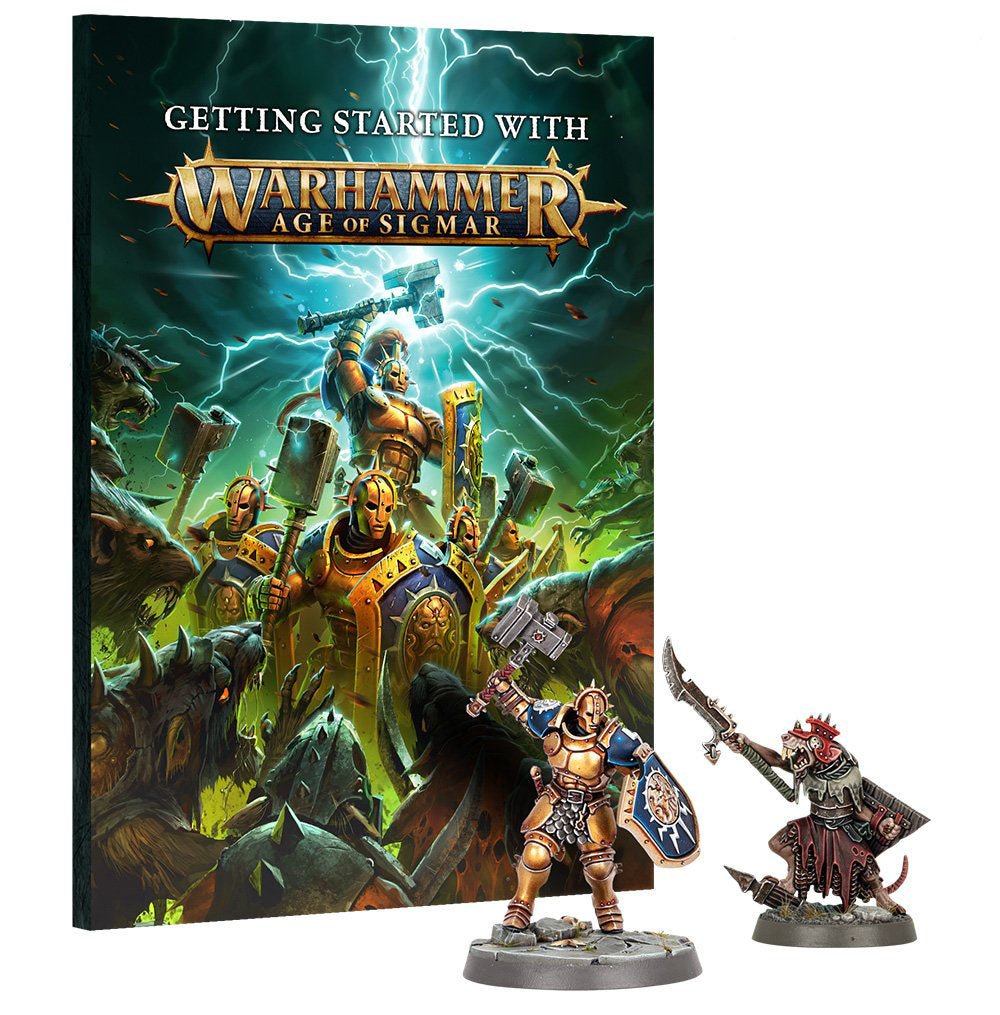 Getting Started With Warhammer Age of Sigmar book with its two painted push-fit miniatures