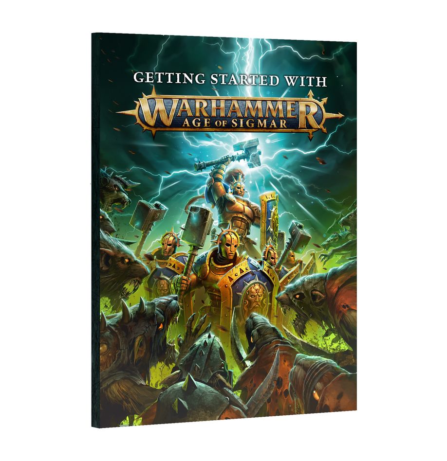 Getting Started With Warhammer Age of Sigmar book cover, green artwork with lightning