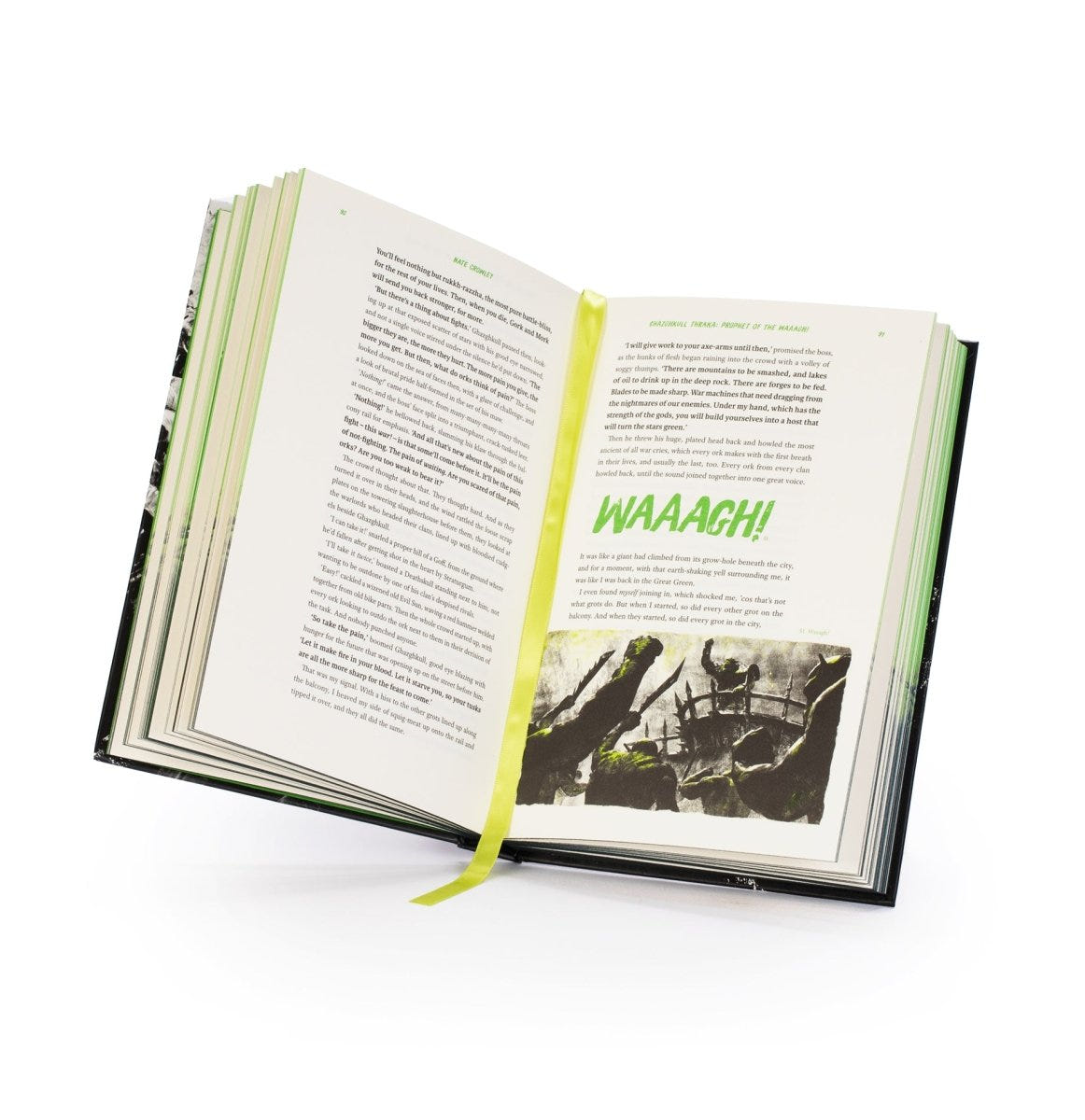 Ghazghkull Thraka Illustrated and Annotated hardback open with green ribbon and artwork