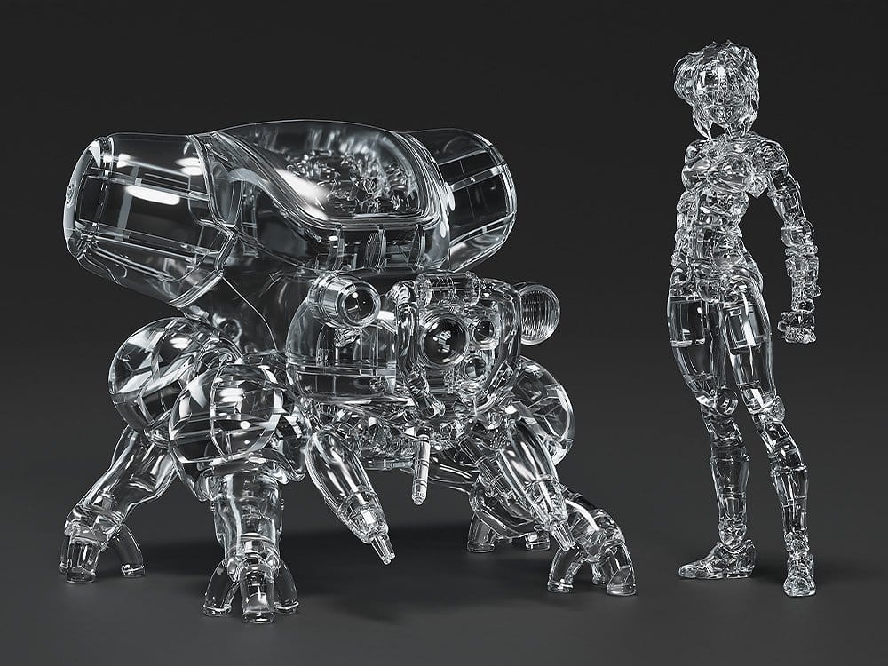 Translucent Fuchikoma and standing Motoko Kusanagi kits on dark backdrop, Ghost in the Shell