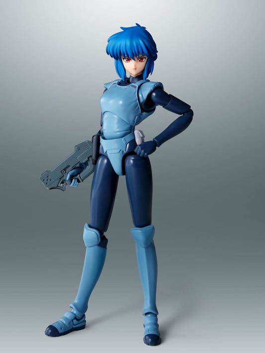 Bandai S.H.Figuarts Motoko Kusanagi figure from Ghost in the Shell standing with Seburo pistol in hand