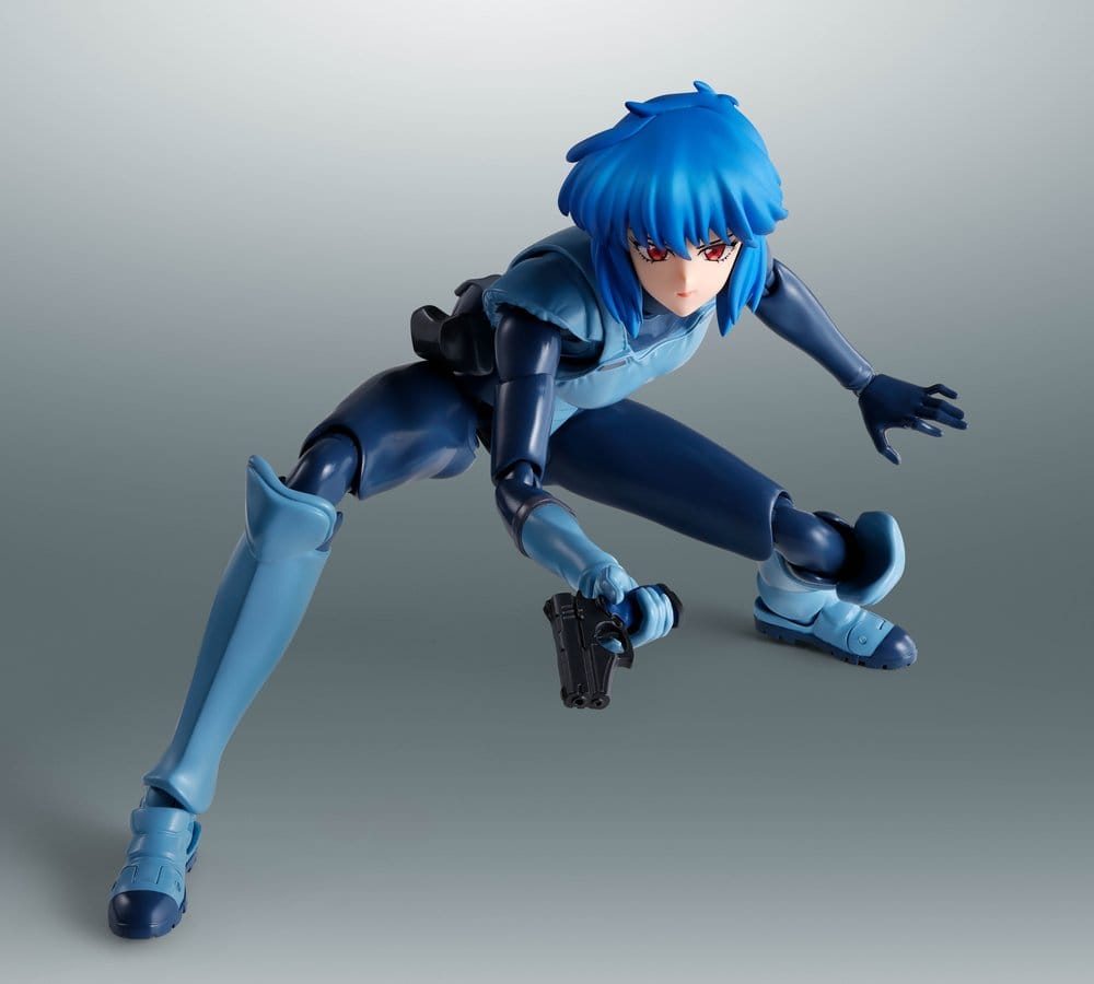 S.H.Figuarts Motoko Kusanagi figure in a low crouching pose with pistol drawn, blue tactical suit