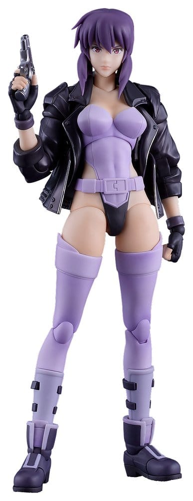 Max Factory PLAMATEA Motoko Kusanagi model kit built, standing front view in leather jacket with pistol