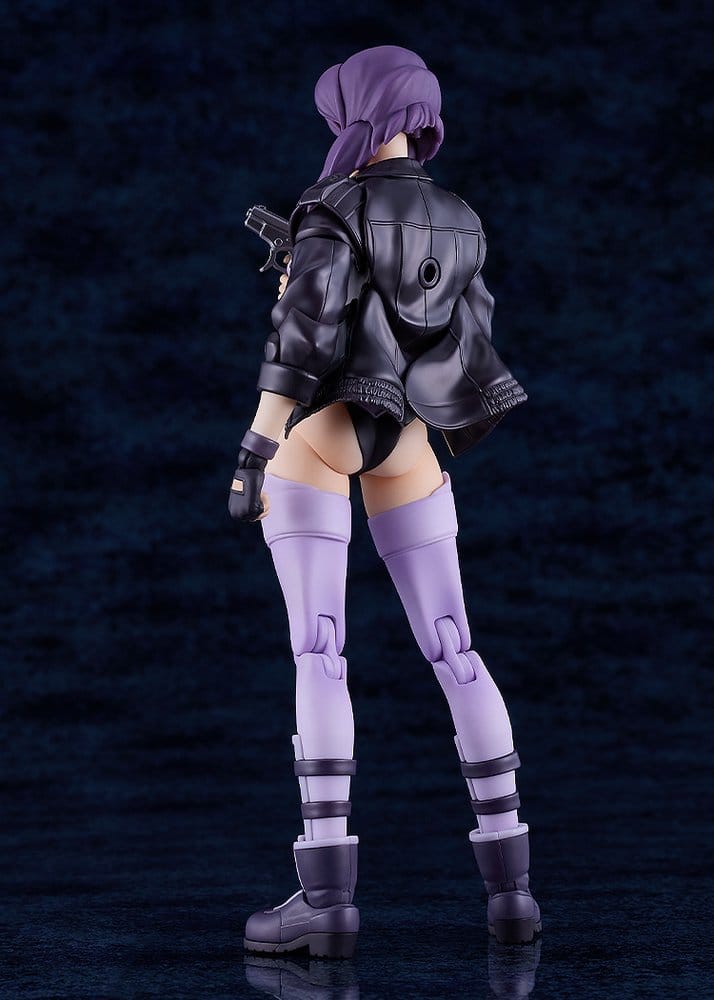 Rear view of built Max Factory PLAMATEA Motoko Kusanagi kit showing leather jacket and lilac bodysuit