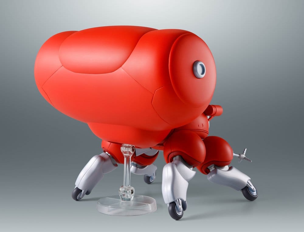 Rear view of ROBOT Spirits Fuchikoma figure showing its red abdomen pod on a clear display stand