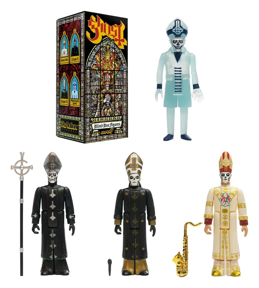 Ghost ReAction blind box with figures in translucent blue, black robes and white and gold papal robes