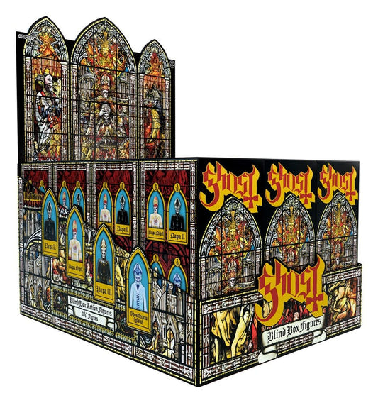 Super7 Ghost ReAction Blind Box display of 12 with stained-glass cathedral artwork