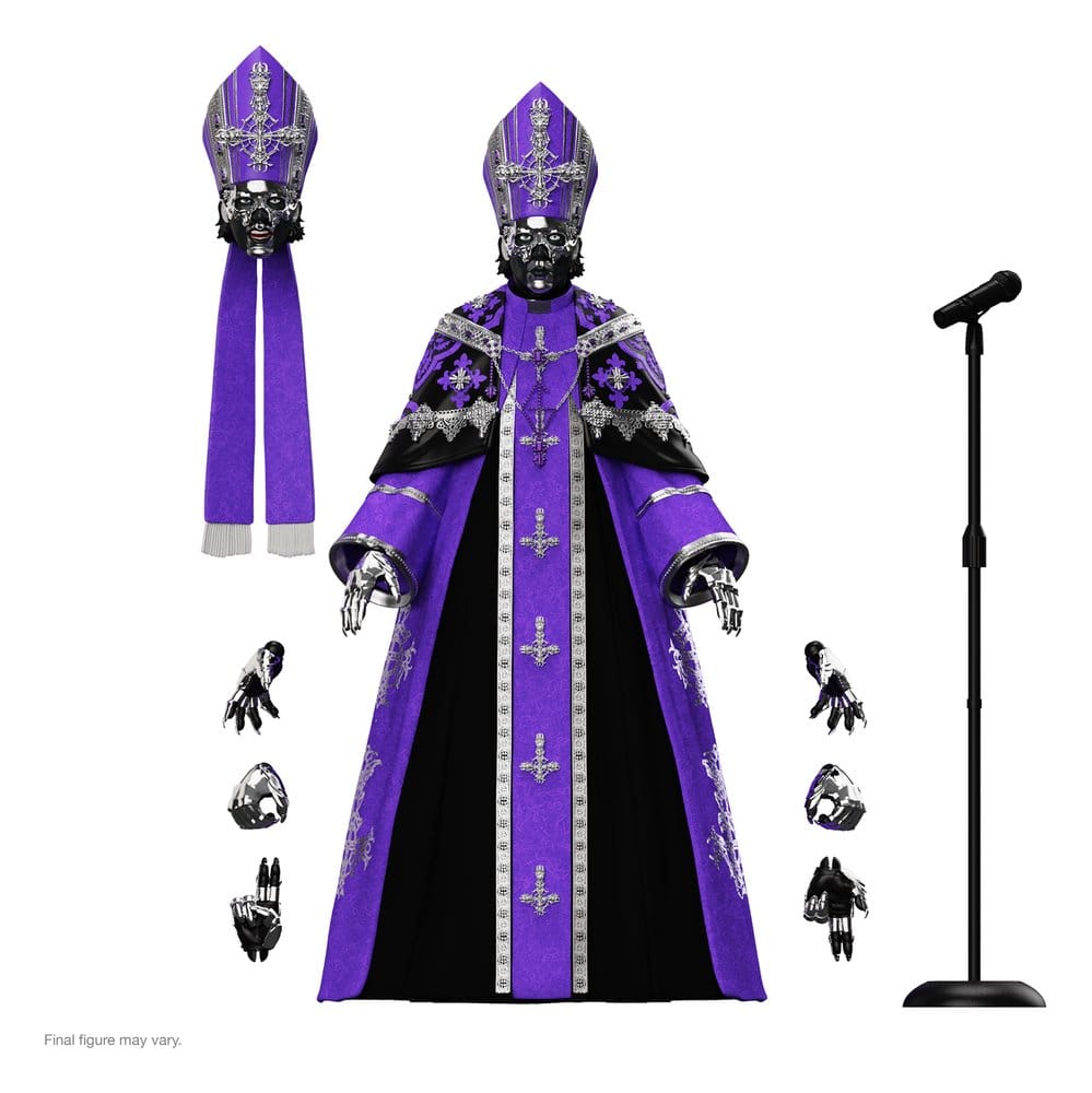 Super7 Ghost Ultimates Papa V Perpetua in purple robes with mitre head, hands and mic stand