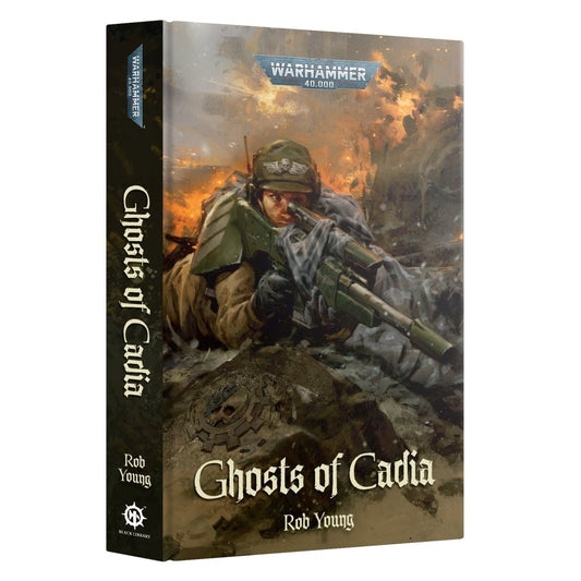 Warhammer 40k Ghosts of Cadia tabletop gaming box by Rob Young, featuring a detailed cover illustration of a soldier in a war-torn landscape.