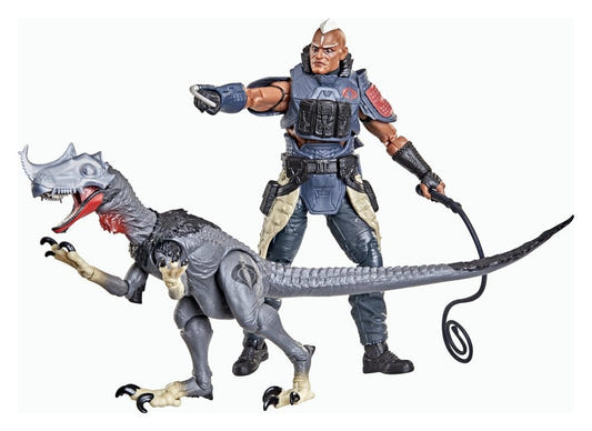 G.I. Joe Classified Professor Rottclaw holding a whip beside the grey Cobra Deinonychus raptor