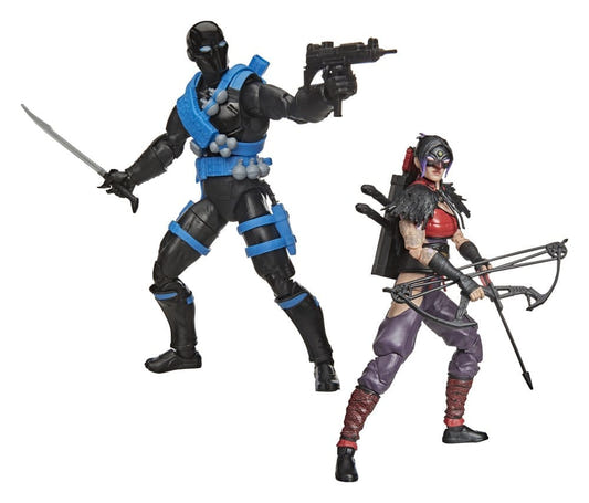 G.I. Joe Classified Snake Eyes with sword and submachine gun beside Jinx with her bow