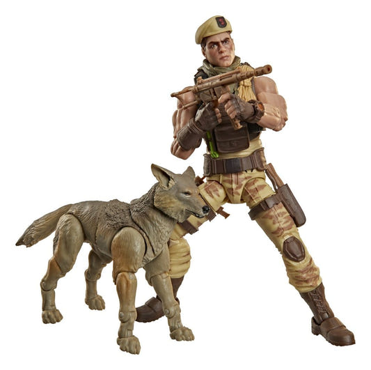 G.I. Joe Classified Dusty figure in desert camo with rifle and his coyote Sandstorm