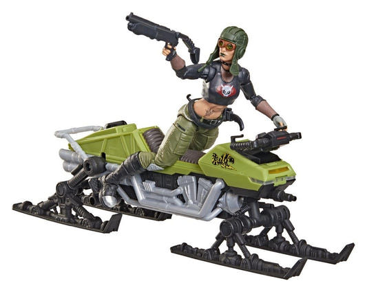 G.I. Joe Classified Zanya riding the green Dreadnok Chameleon Swamp Skier with a shotgun