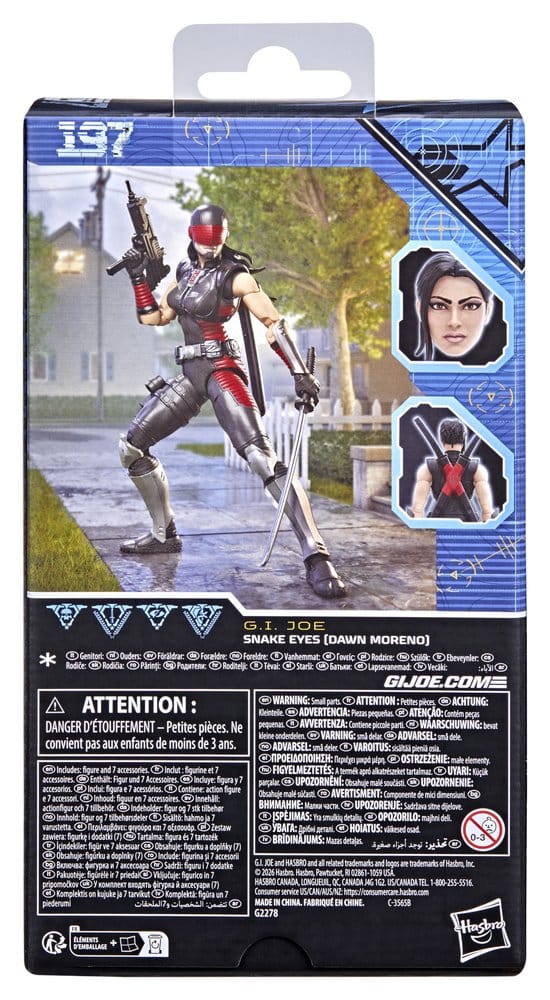Hasbro G.I. Joe Classified Snake Eyes (Dawn Moreno) box back with artwork and accessories