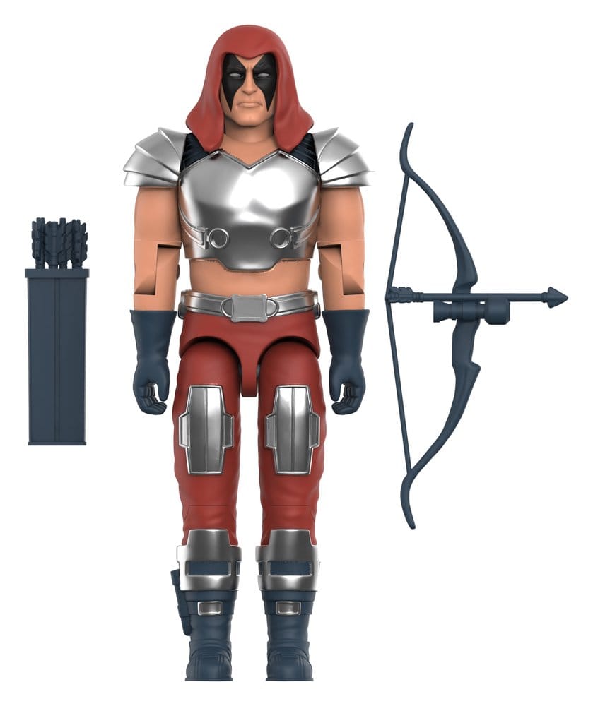 Zartan ReAction+ figure with red hood and silver chest armour, bow and quiver accessories