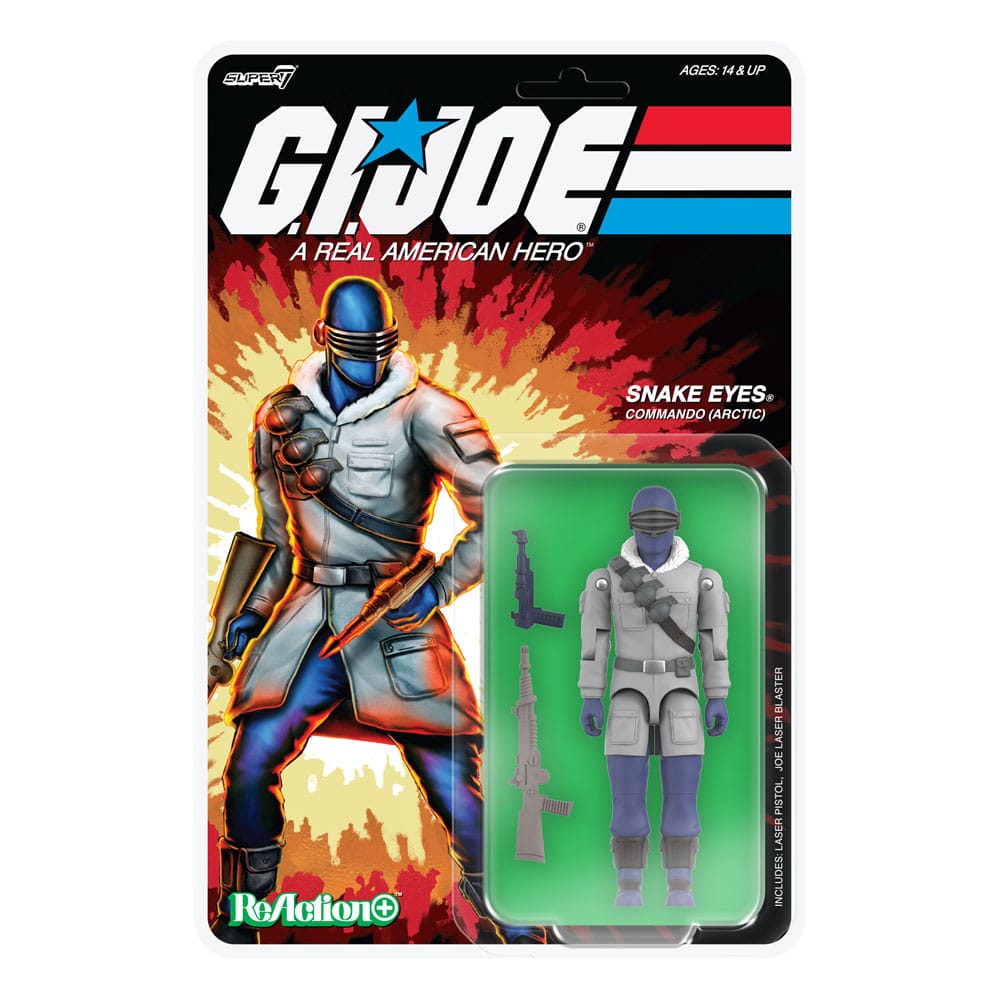 Arctic Snake Eyes ReAction+ figure on G.I. Joe blister card with snowy artwork