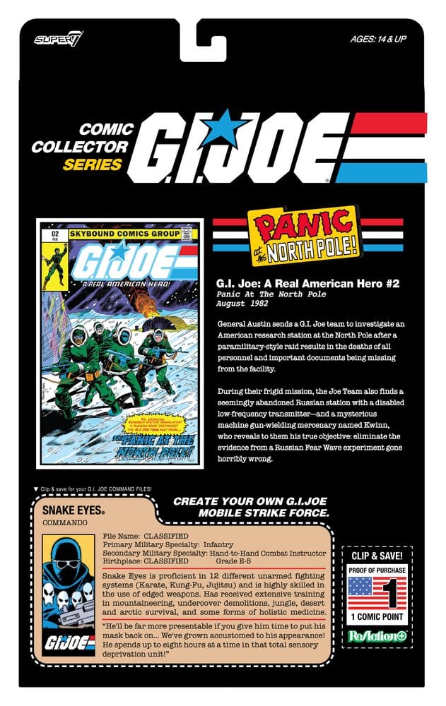Back of the G.I. Joe Comic Collector Series Snake Eyes package with file card