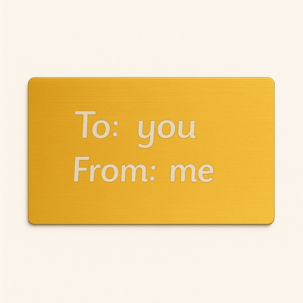 Golden yellow gift message card printed with To: you, From: me, a sample of the gift note option