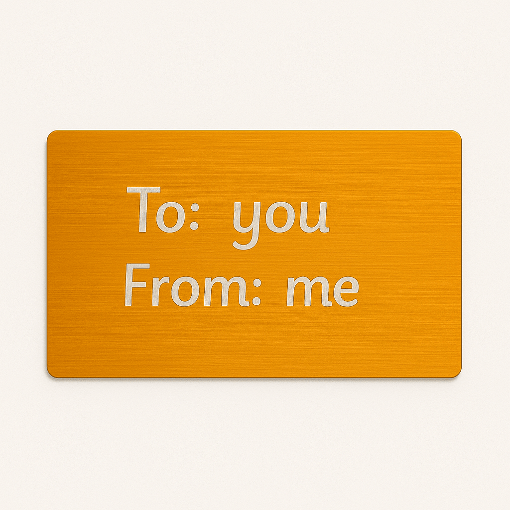 Orange gift message card printed with To: you, From: me, a sample of the gift note option