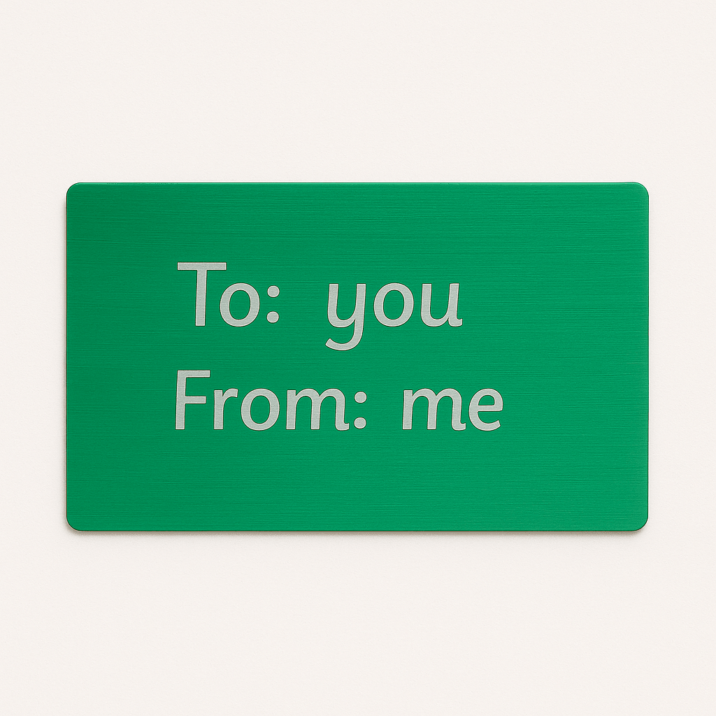 Green gift message card printed with To: you, From: me, a sample of the gift note option