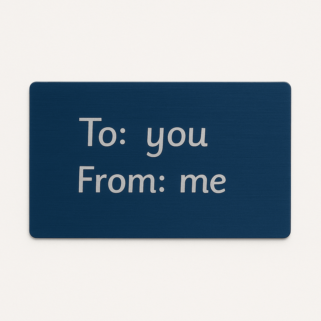 Navy blue gift message card printed with To: you, From: me, a sample of the gift note option