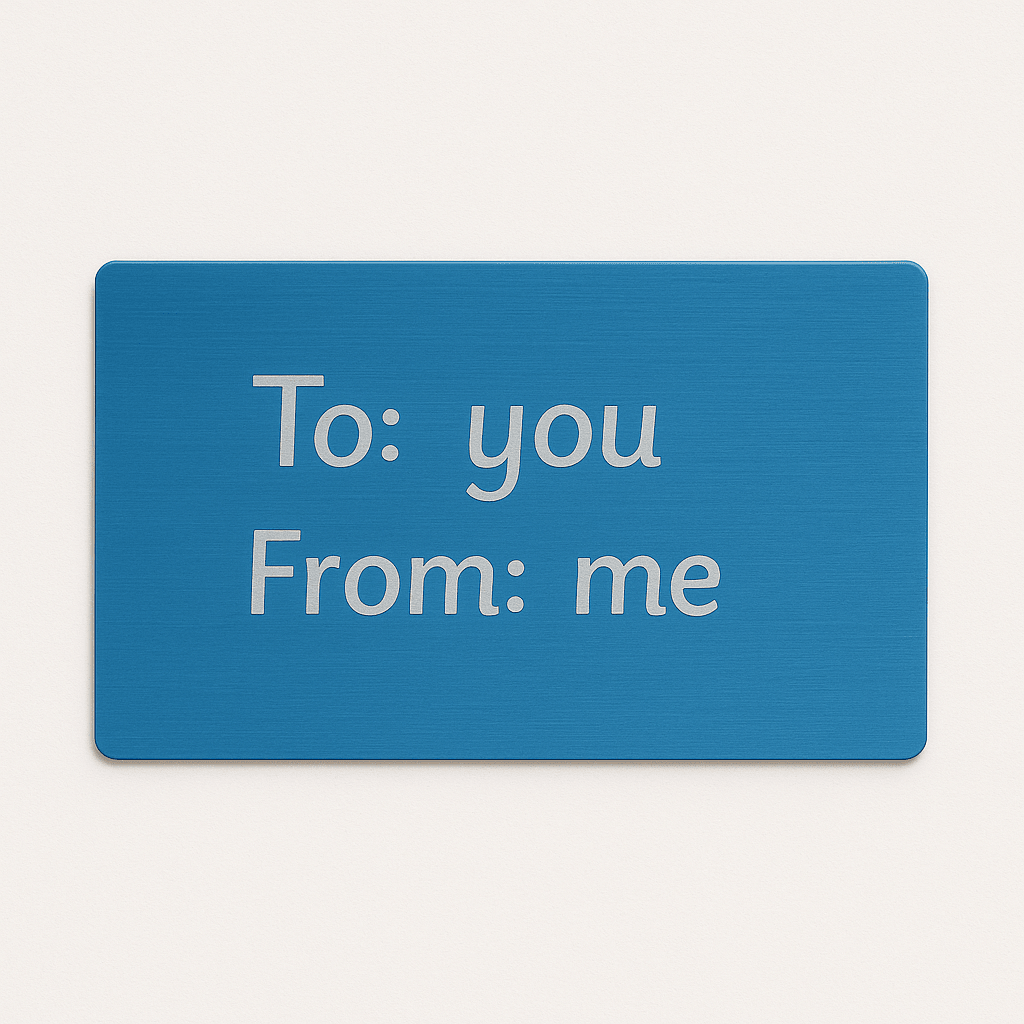 Bright blue gift message card printed with To: you, From: me, a sample of the gift note option