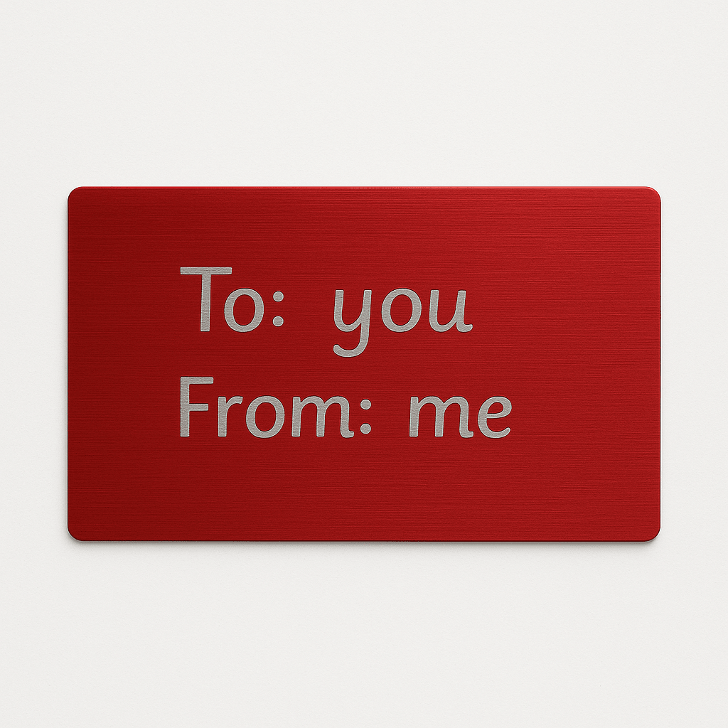 Red gift message card printed with To: you, From: me, a sample of the gift note option