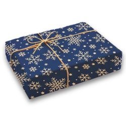 Gift wrap option: parcel in navy snowflake Christmas paper tied with twine