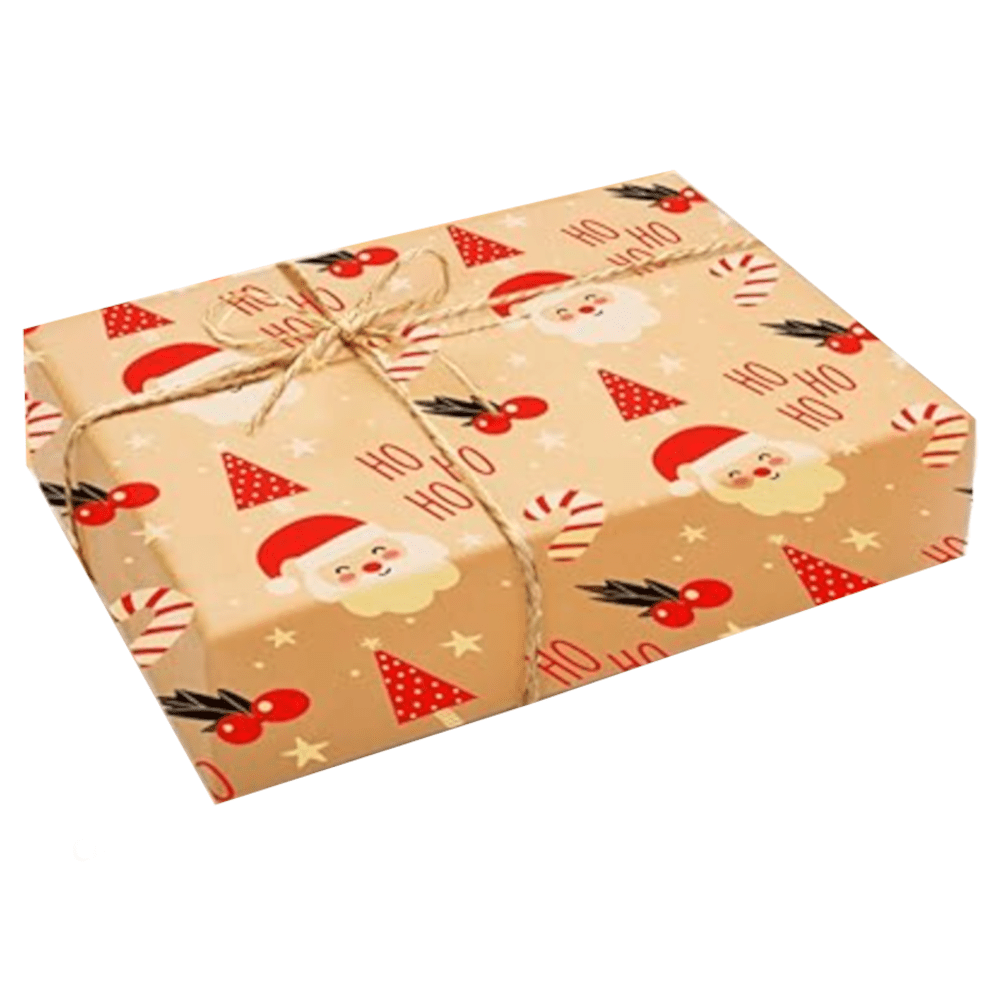 Gift wrap option: parcel in Santa and candy cane Christmas paper tied with twine