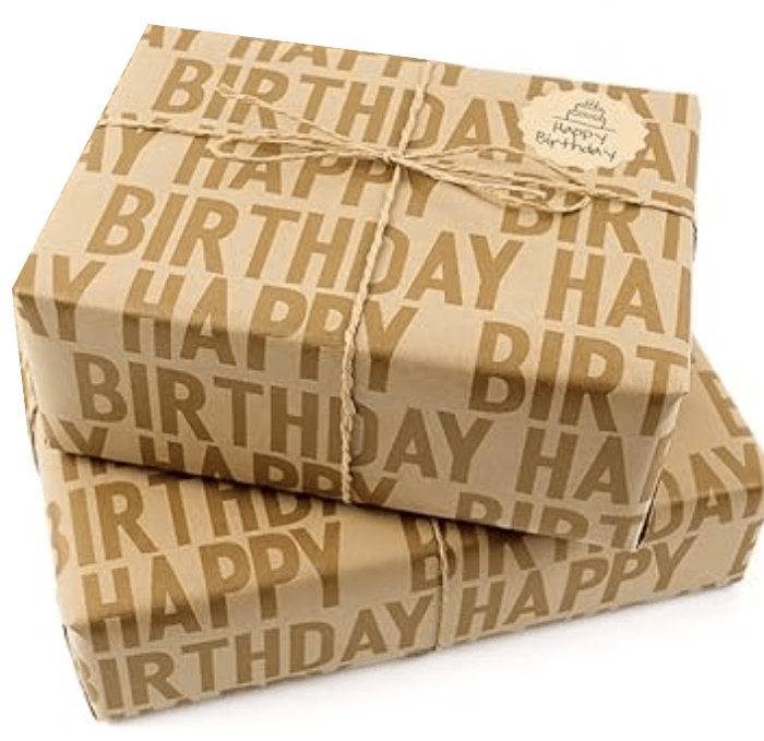 Gift wrap option: parcels in brown Happy Birthday printed paper tied with twine