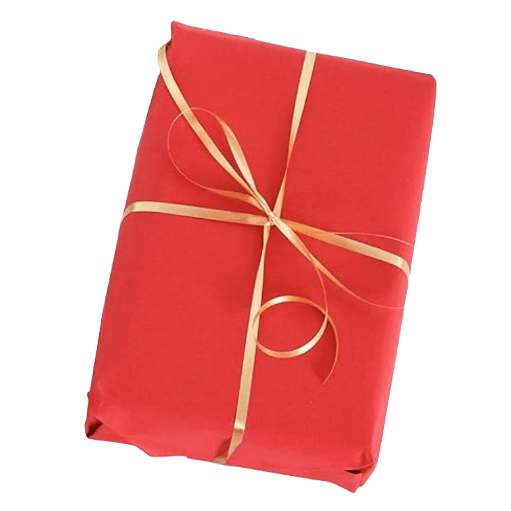 Gift wrap option: parcel wrapped in red paper tied with a gold ribbon bow
