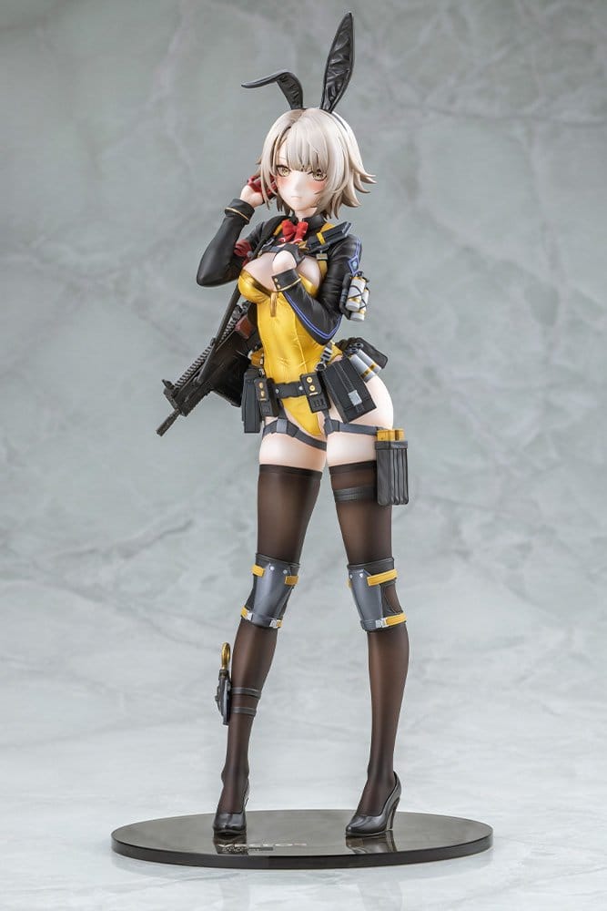 Vector Molotov Bunny figure front view on grey backdrop, yellow bunny suit and black jacket