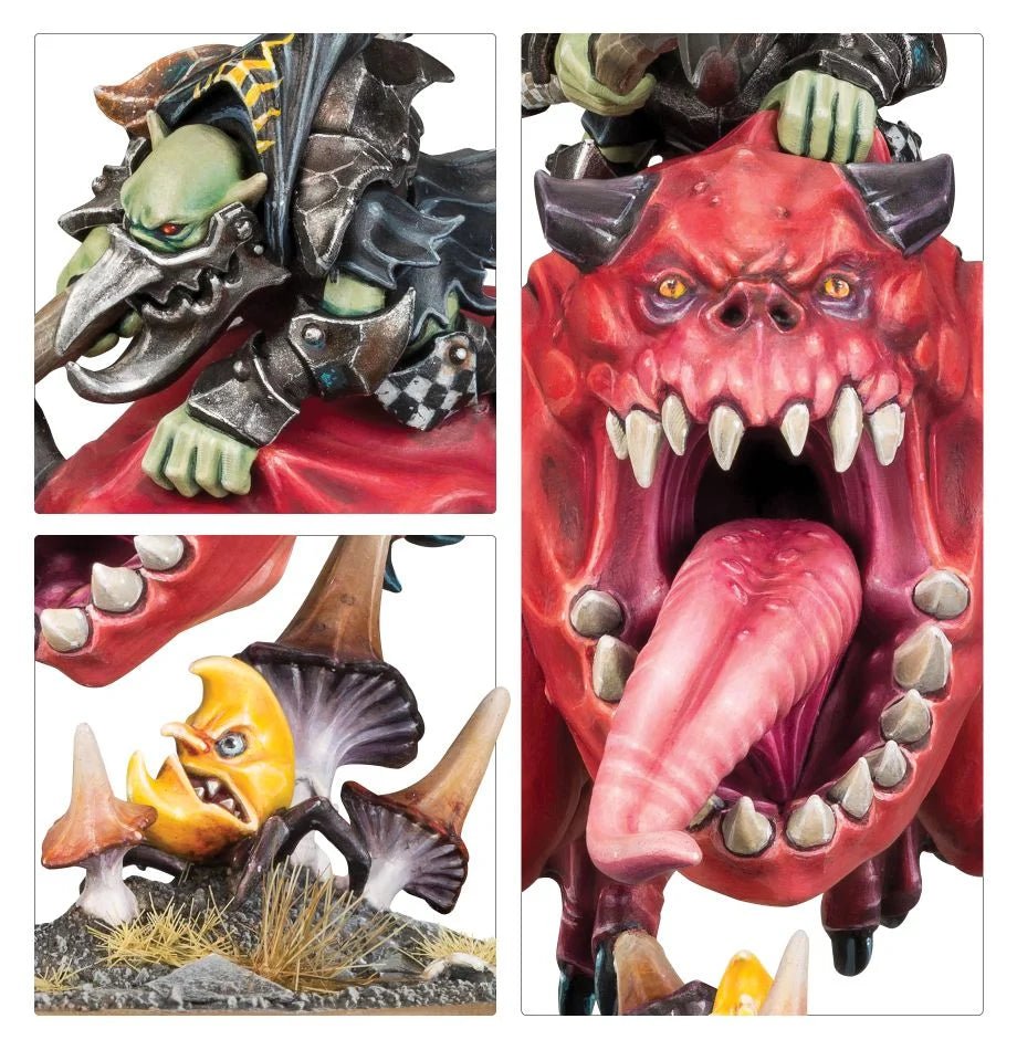 Close-ups of the Loonboss grot's hooded face and the Giant Cave Squig's gaping jaws