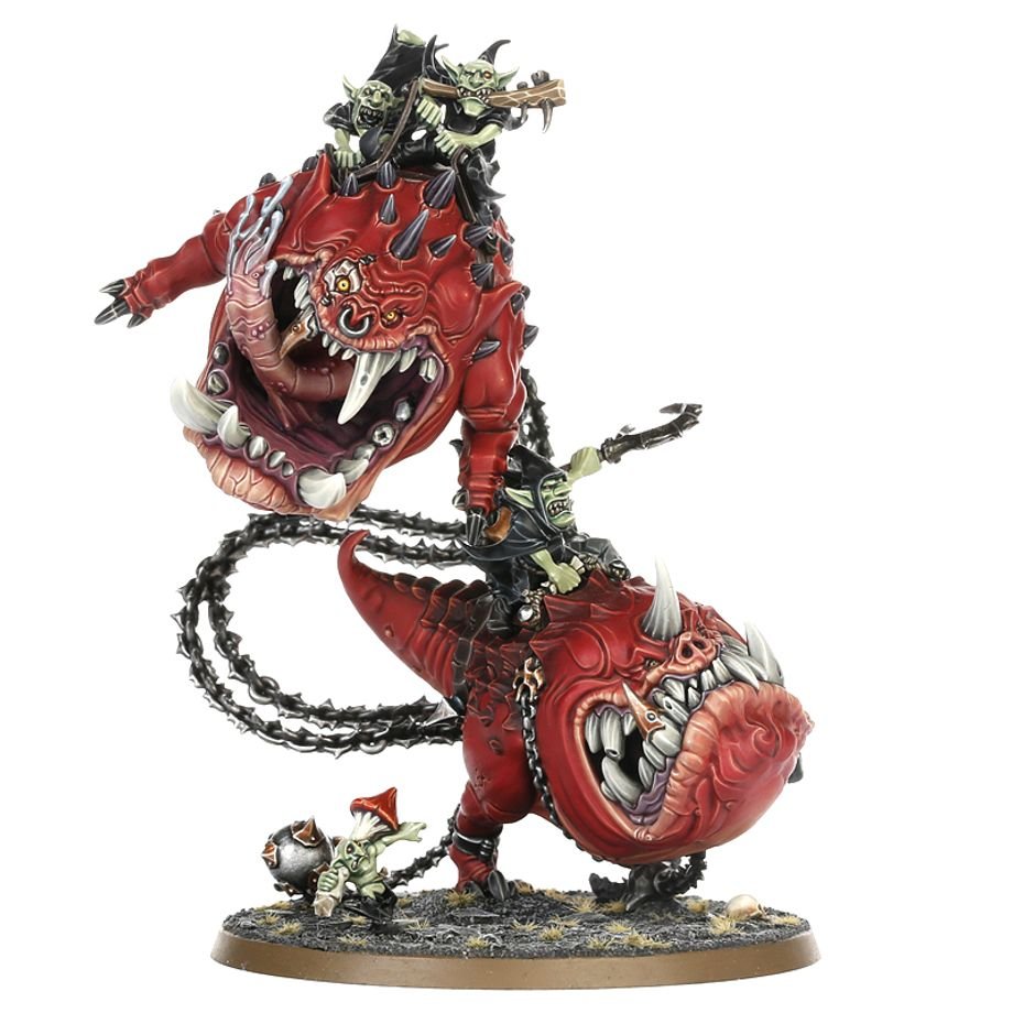 Painted Mangler Squigs side view, with the red squigs linked by chains and grots clinging on