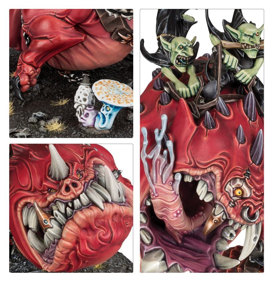 Close-ups of the red Mangler Squigs' fanged mouths, horns, tongue and grot riders