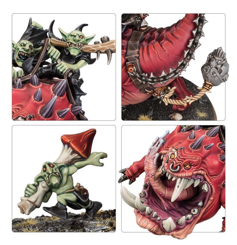 Close-ups of Mangler Squigs: grot rider, spiked ball and chain, falling grot and fanged squig mouth