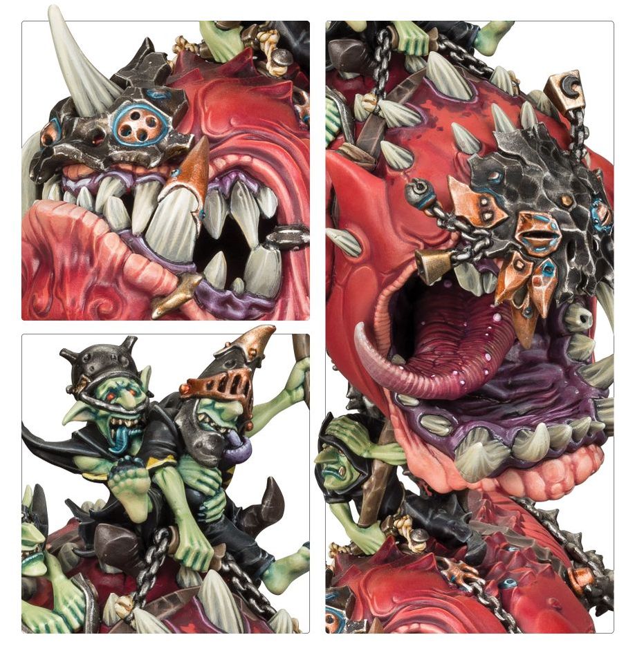 Close-ups of Mangler Squigs showing the metal faceplate, teeth and a grot rider with helmet