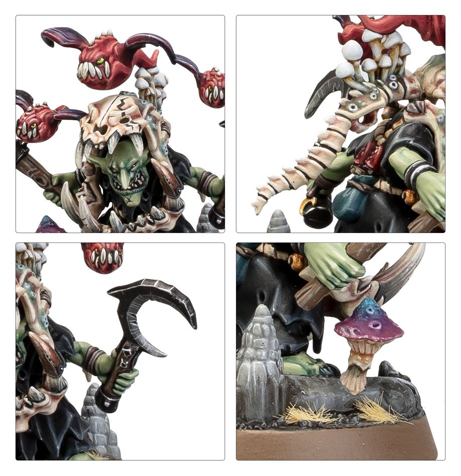 Close-ups of painted Rabble-Rowza: bat squigs, grot face, moon-sickle and mushroom base