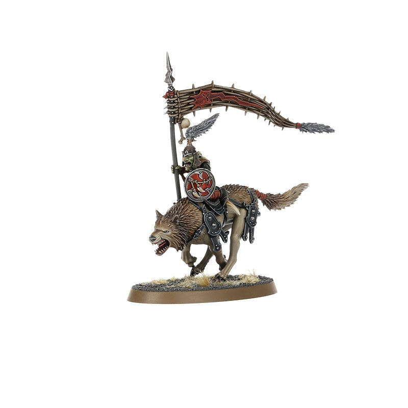 Painted Snarlfang Riders Gitflag Waver holding a tattered red banner on his Snarlfang