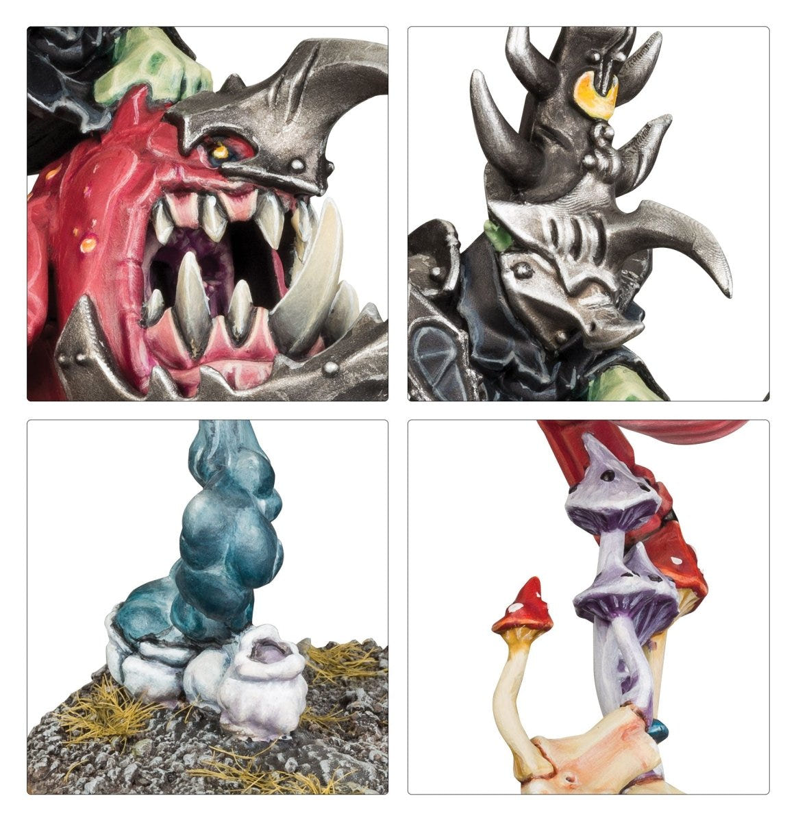 Close-ups of Squig Hopper squig maw, spiked helmet and toadstool bounce effects