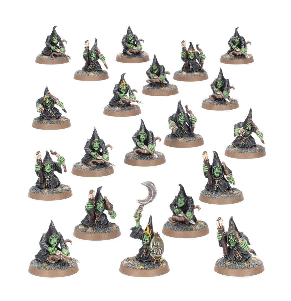 Rank of painted Gloomspite Gitz Stabbas in black hoods, viewed from above