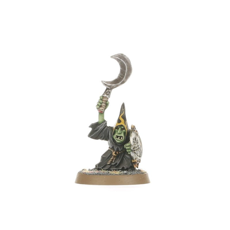 Painted Gloomspite Gitz Stabba boss with a crescent blade, full model on its base