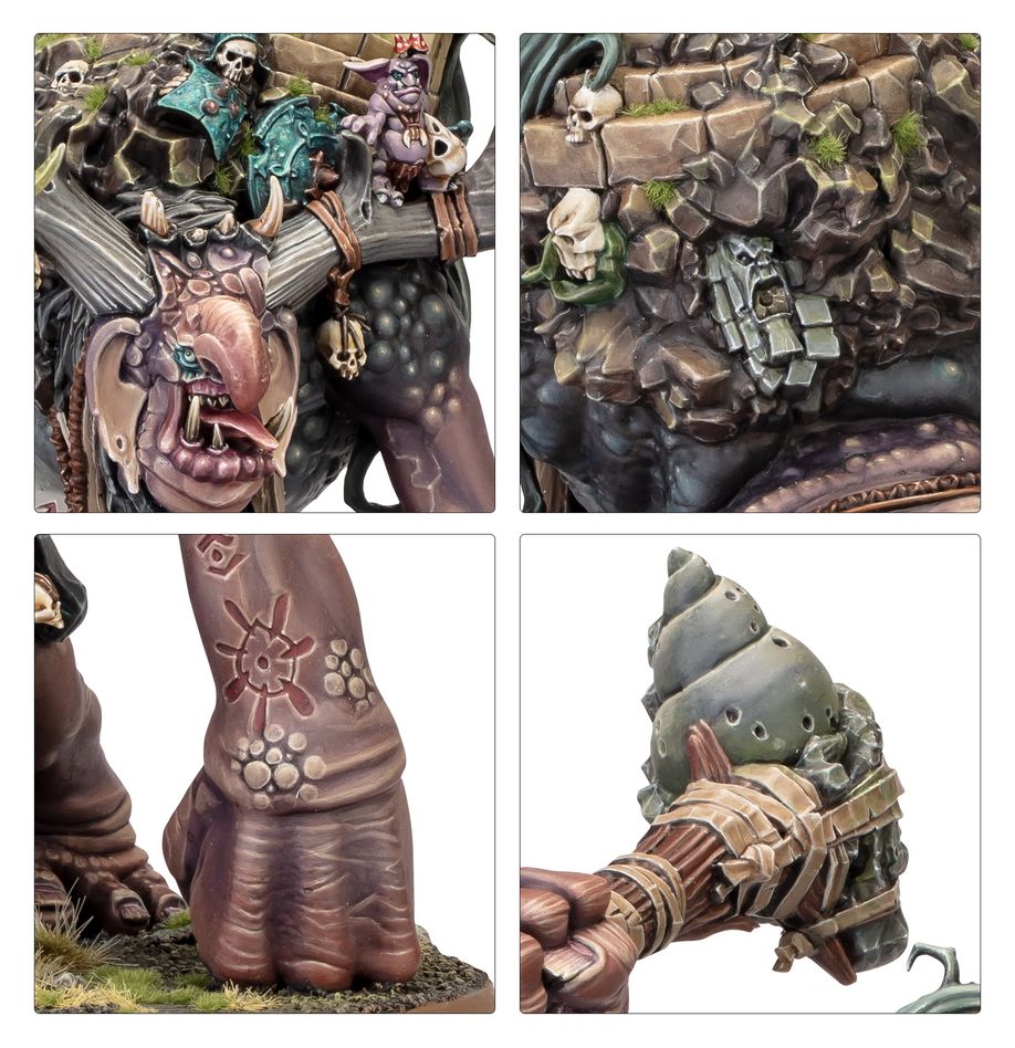 Close-up details of painted Trugg the Troggoth King: face, back, scarred arm and club