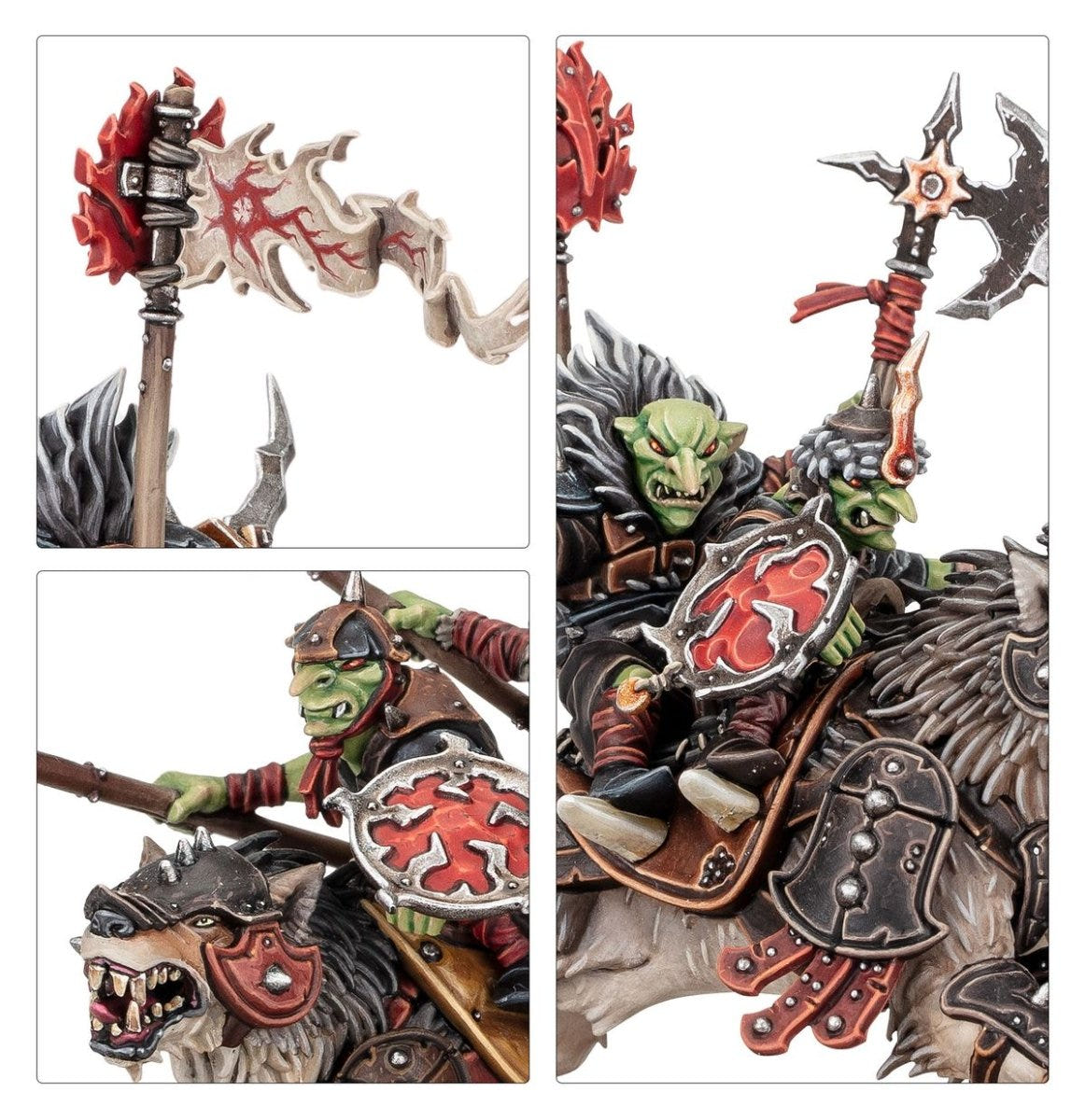 Close-ups of painted Snarlpack Cavalry banner, grot riders and red-marked shields