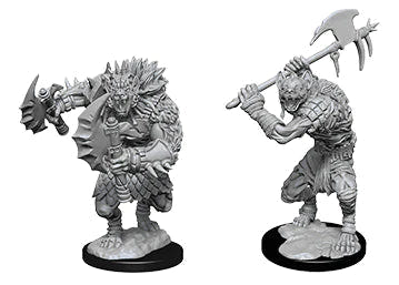 Both WizKids D&D Nolzur's Marvelous Unpainted Miniatures gnolls side by side on black bases