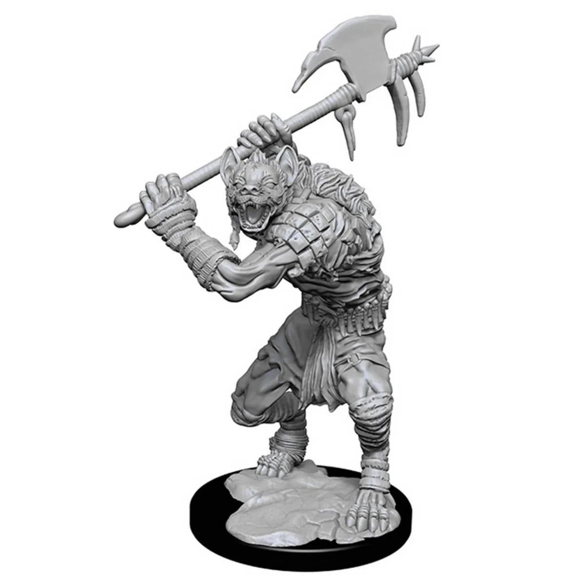 D&D Nolzur's Marvelous Miniatures gnoll raising a large axe, unpainted primed miniature on a base