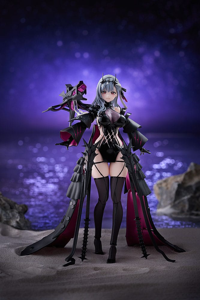 figma Modernia Second Affection standing on a moonlit beach scene with purple night sky, Nikke