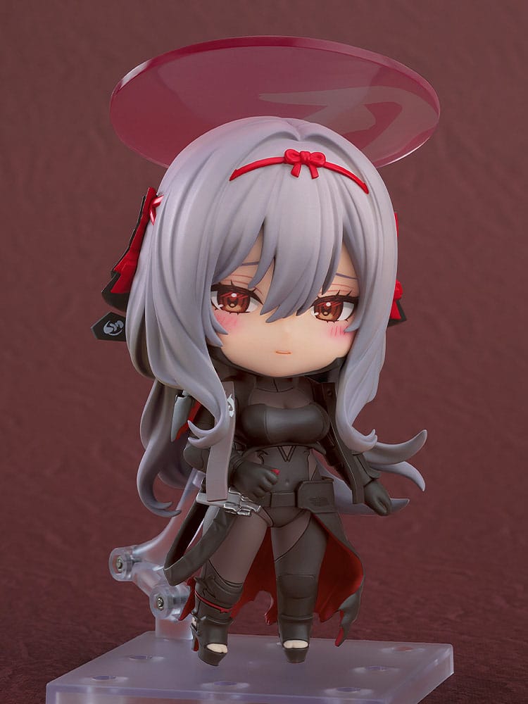 Guren: Black Shadow Nendoroid with blushing face-plate, angled view on stand