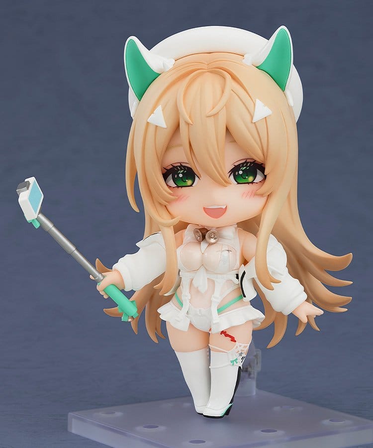 Nendoroid Rupee Winter Shopper front view on clear stand holding her selfie stick