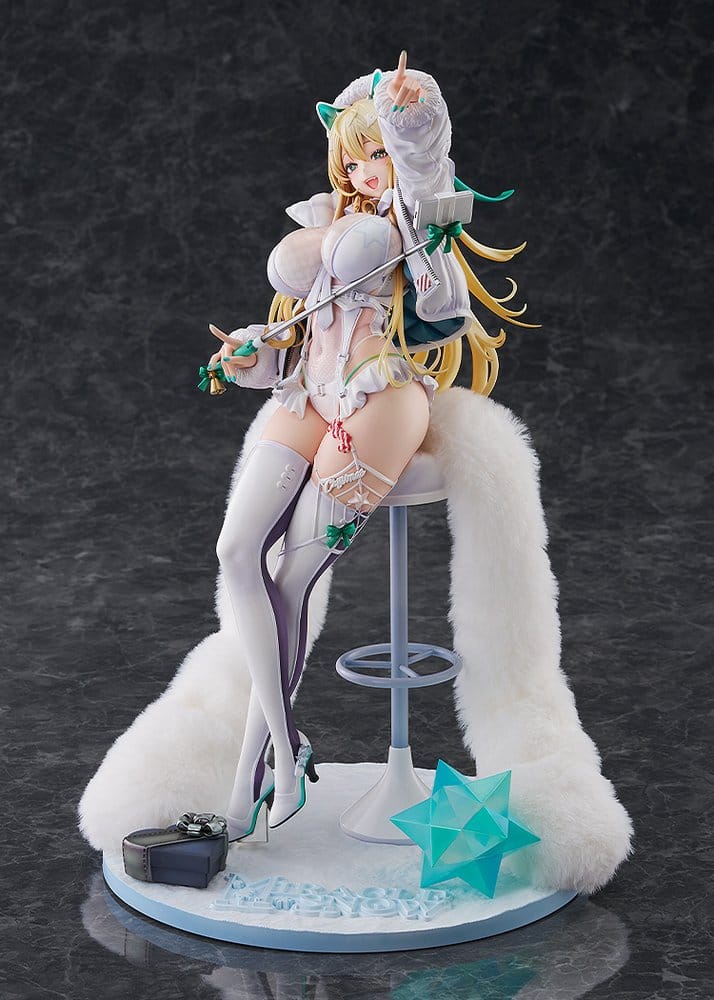 Goddess of Victory: Nikke Rupee Winter Shopper statue on dark backdrop, holding a selfie stick